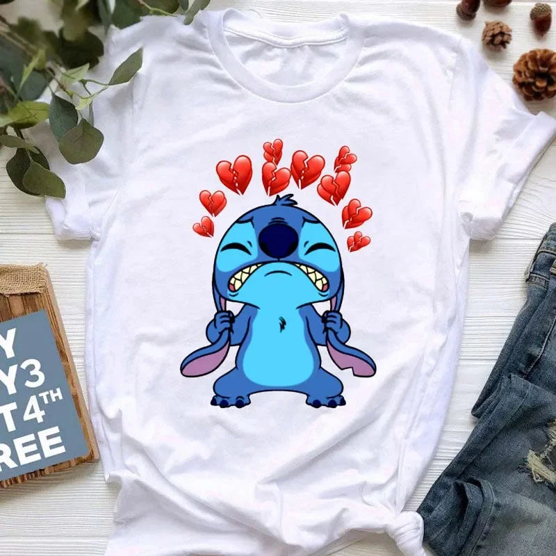 Kawaii stitch T Shirt Women Summer Tops Cartoon Heart Graphic Tees Cute Anime T-shirt Female Tshirt Clothes