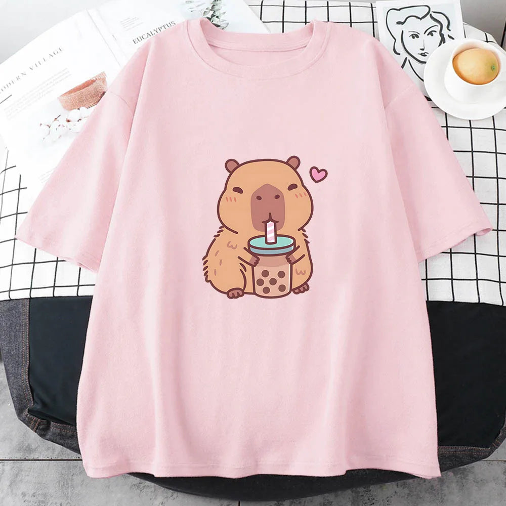 Capybara Loves Drinking Bubble Tea T-shirt 100% Cotton Summer Clothes Casual Women/Men Kawaii Tshirt Cute Girls Shirts Fashion