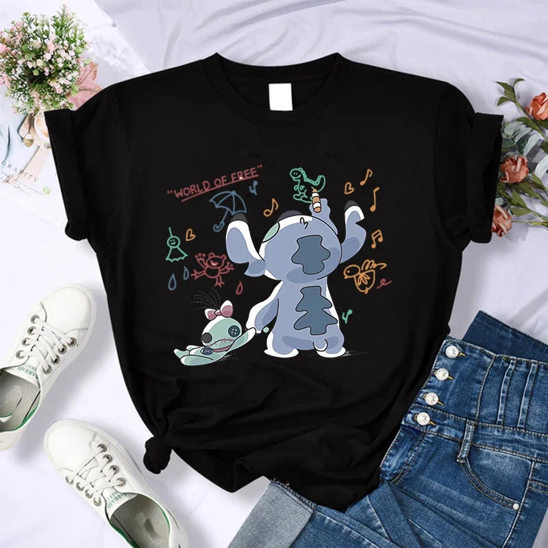 Kawaii stitch T Shirt Women Summer Tops Cartoon Heart Graphic Tees Cute Anime T-shirt Female Tshirt Clothes