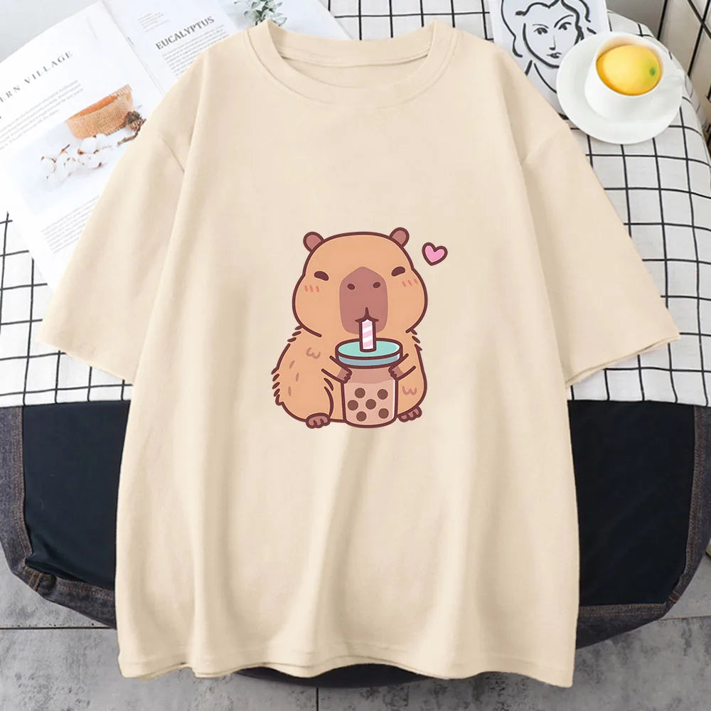 Capybara Loves Drinking Bubble Tea T-shirt 100% Cotton Summer Clothes Casual Women/Men Kawaii Tshirt Cute Girls Shirts Fashion