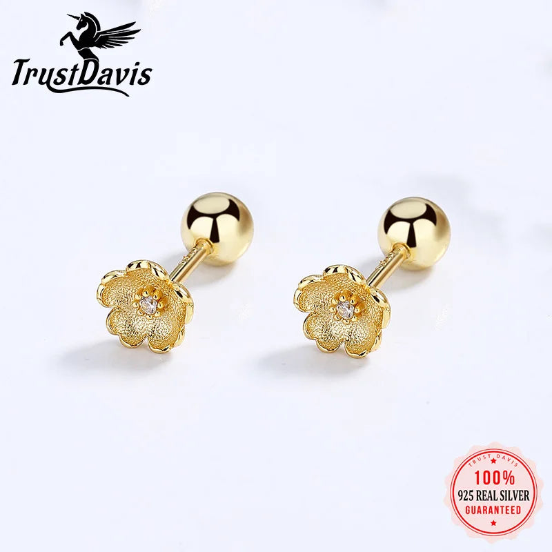 TrustDavis Real 925 Sterling Silver Screw Stud Earrings Flower Shiny CZ Earrings For Women Wedding Party Fine Jewelry DA2556