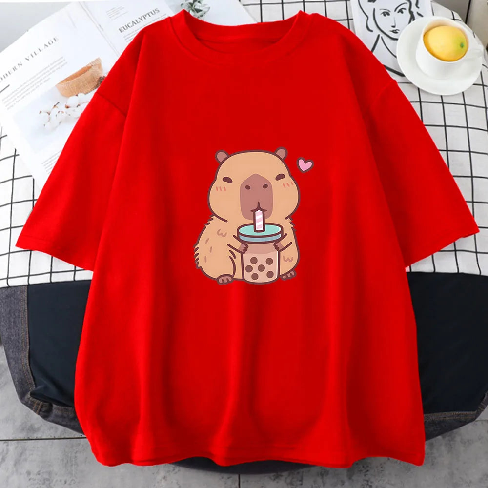 Capybara Loves Drinking Bubble Tea T-shirt 100% Cotton Summer Clothes Casual Women/Men Kawaii Tshirt Cute Girls Shirts Fashion
